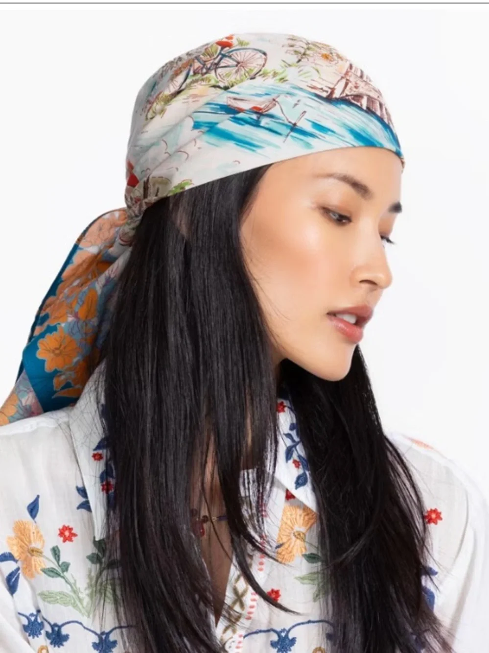 NEW Johnny Was Vakash Head Scarf Seaside Villas Bicycle Medium Cotton 35
